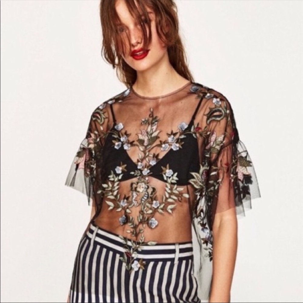 Zara embroidered tulle top